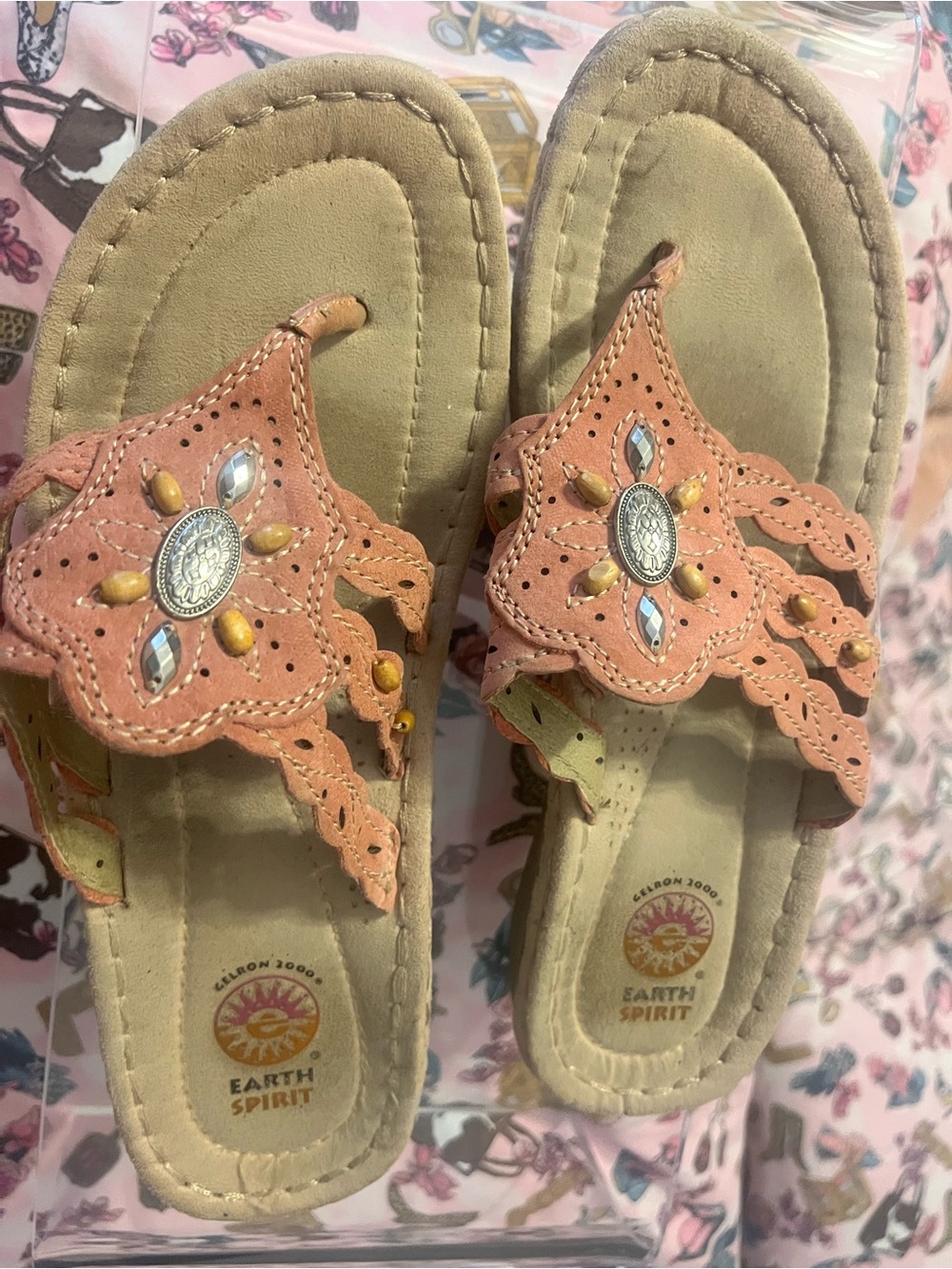 Earth Spirit Coral/Pink Leather Embellished Toe-Post Sandals